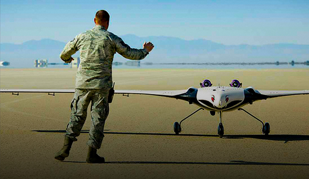 Armed forces member operating unmanned aircraft